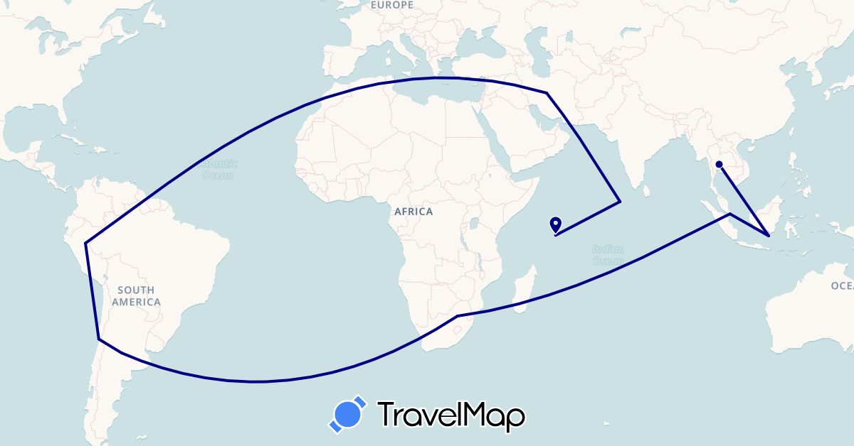 TravelMap itinerary: driving in Argentina, Chile, Indonesia, Iran, Maldives, Peru, Seychelles, Singapore, Thailand, South Africa (Africa, Asia, South America)